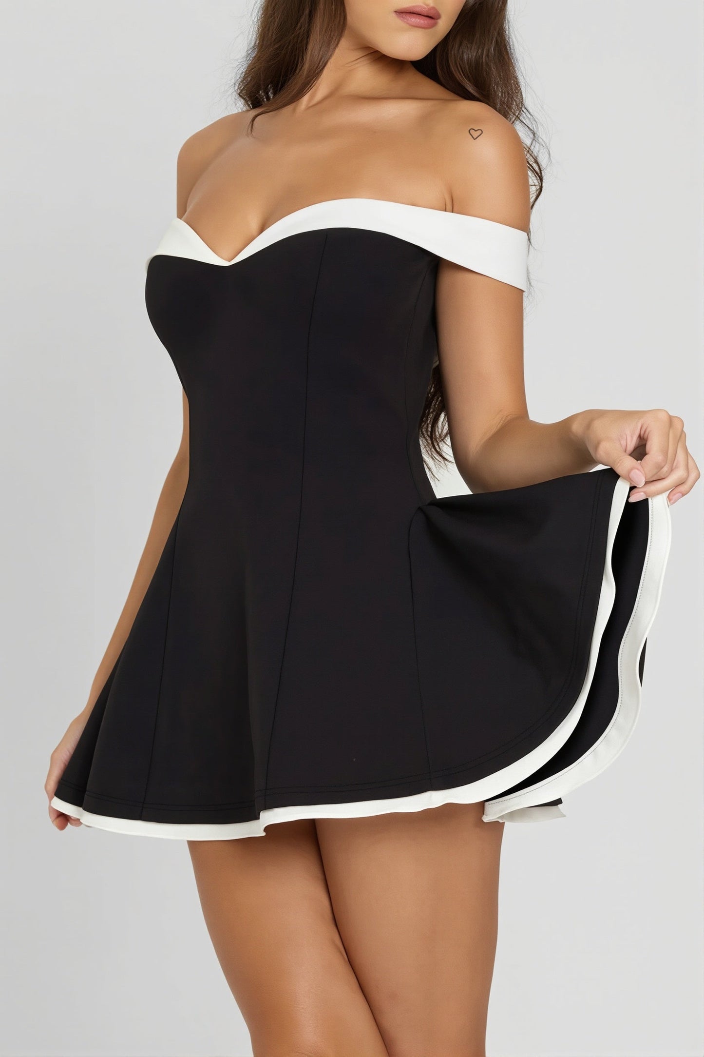 Off-Shoulder Sweetheart Princess Seam Fit and Flare Mini Dress
