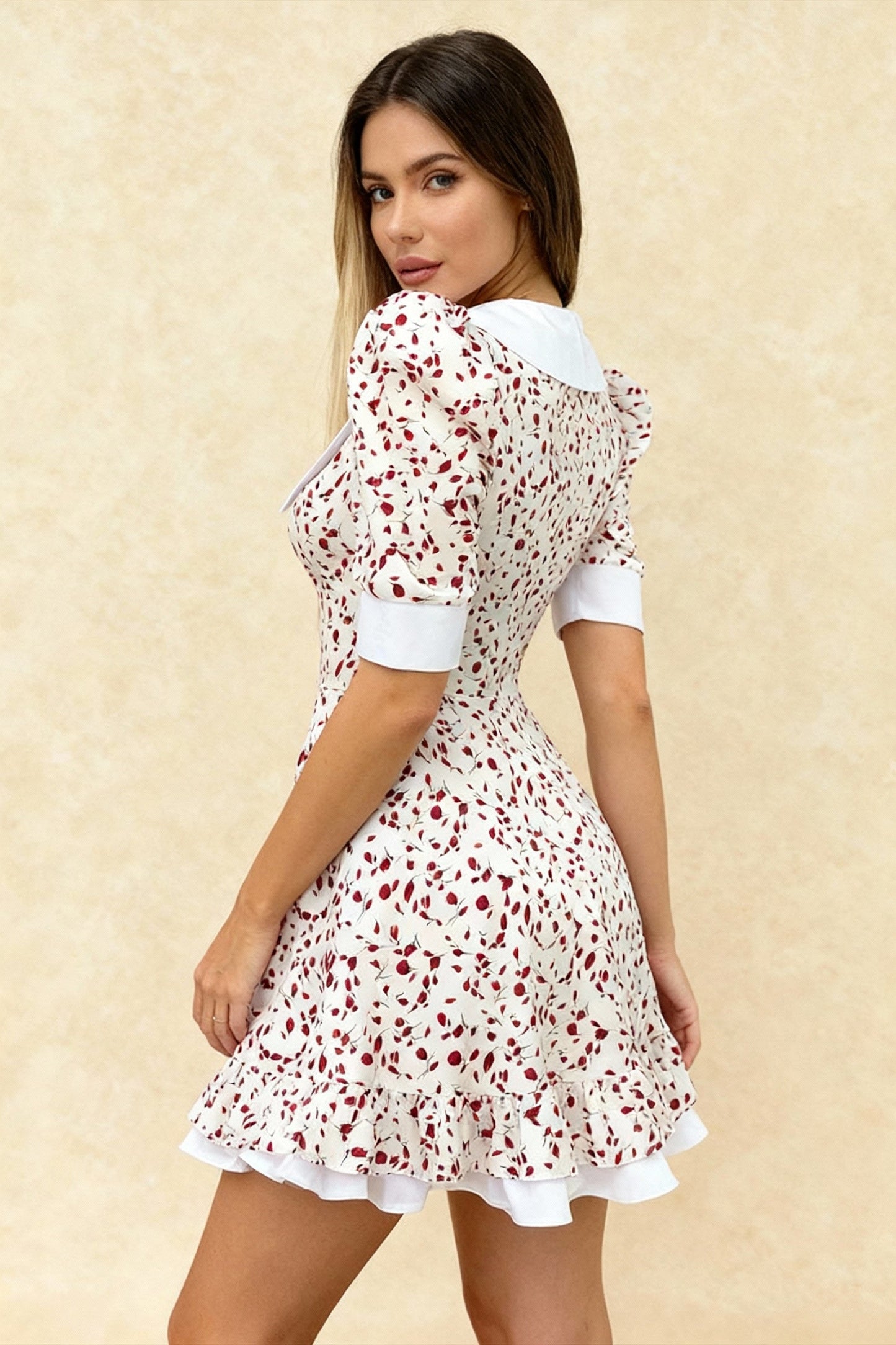 V-Neck Floral Puff Sleeve Babydoll Mini Dress