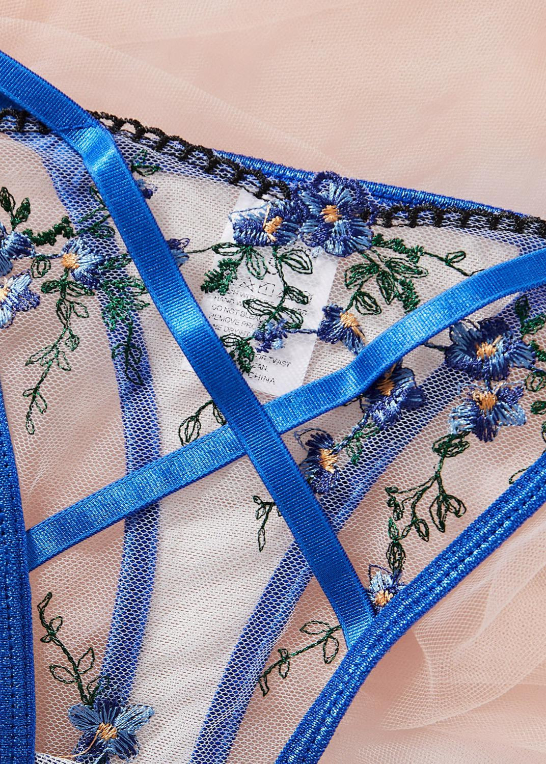 Flora Lace Embroidery Lingerie Set - Blue Bloom Sheer Bra & Thong