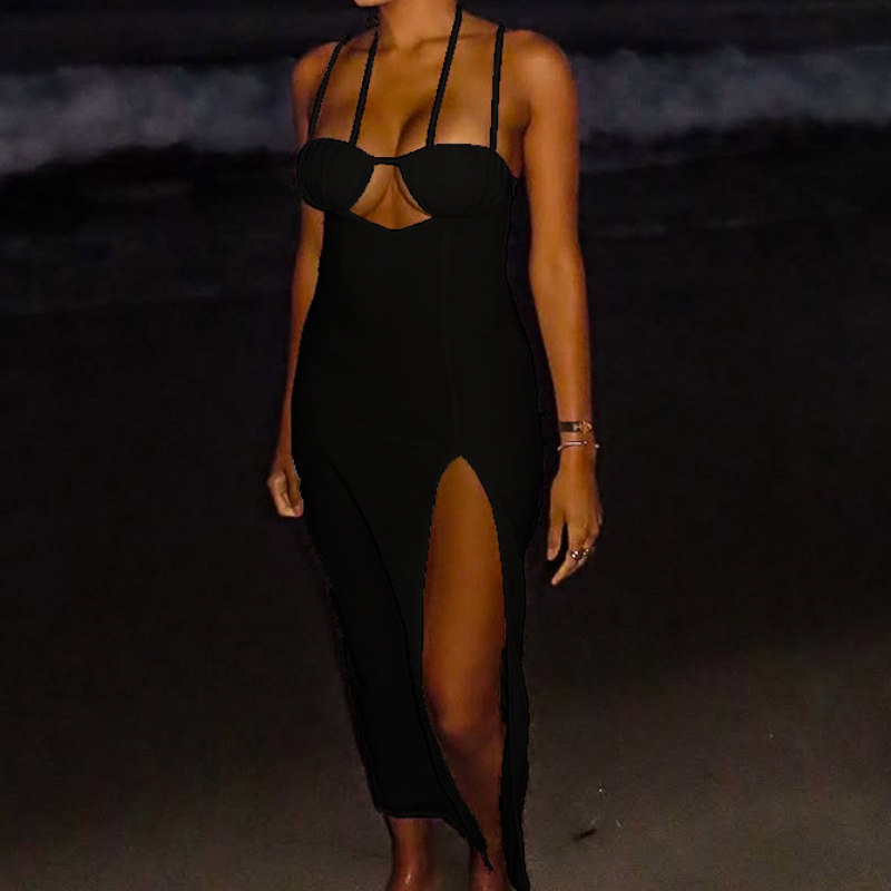 Hollow out slit mesh cami cut out maxi dress