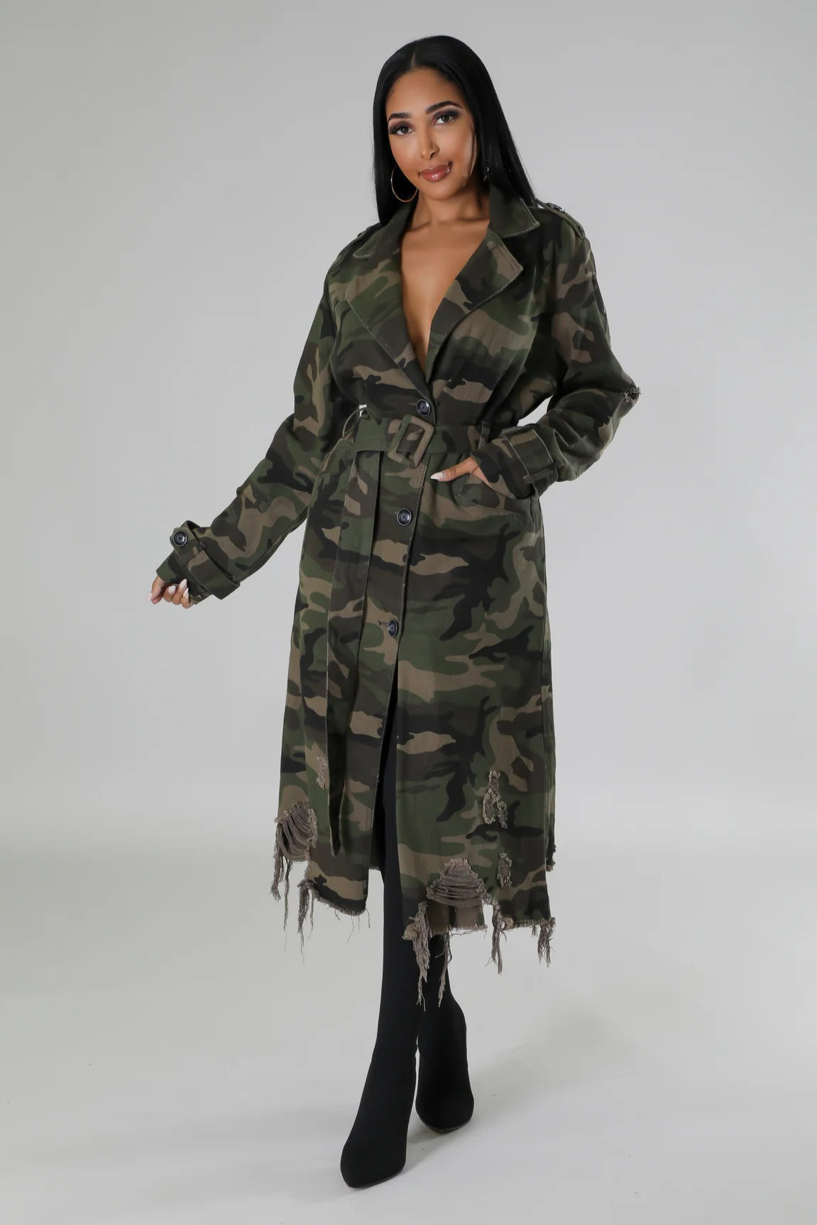 Distressed Camo Long Overcoat