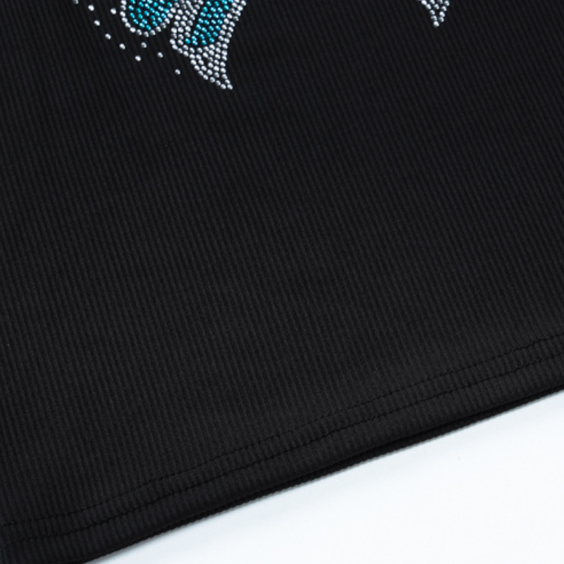 Beaded butterfly pattern u neck ribbed top