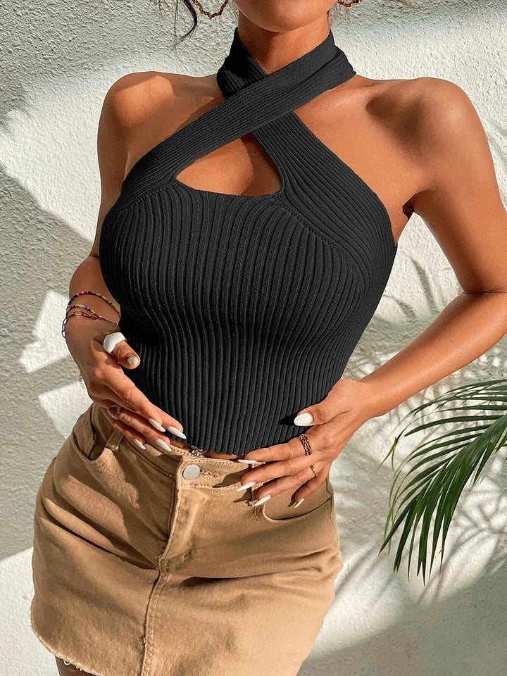 Women's Sleeveless Stretch Knit Top With Heart-Shaped Crossover Neck
