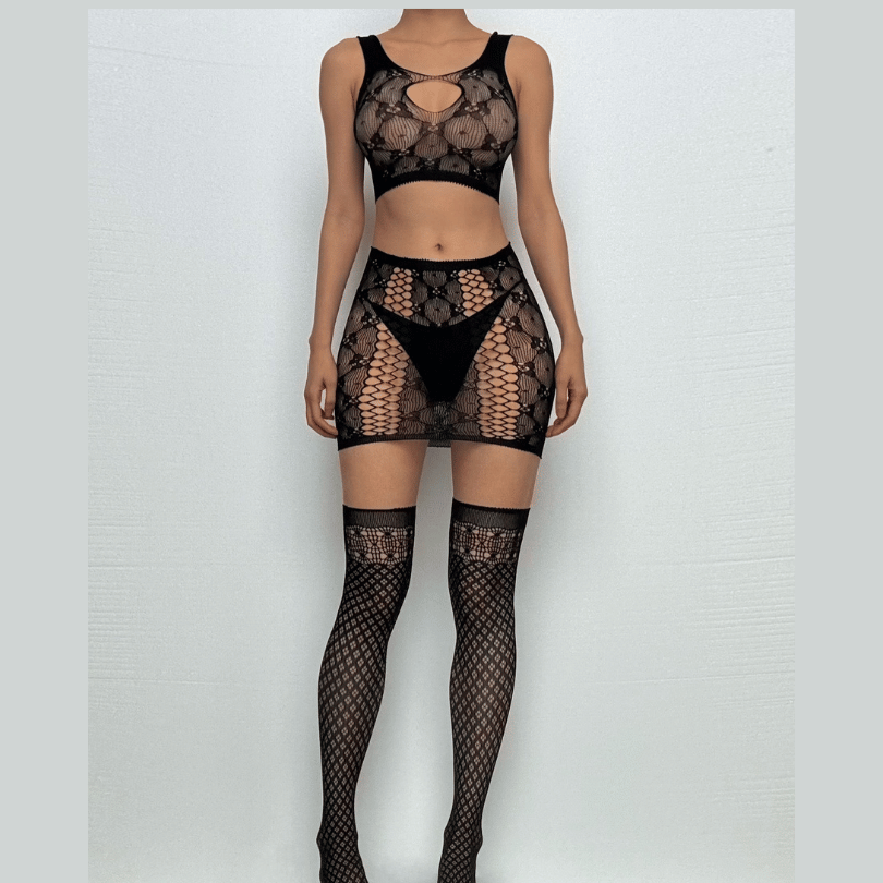 U neck fishnet hollow out tank mini skirt set