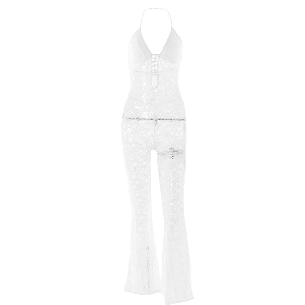 Halter lace lace up see through jumpsuit