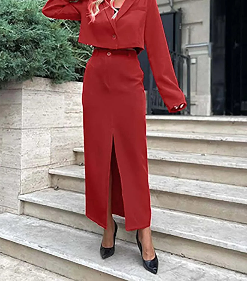 Khaki Single Button Crop Skirt Office Two Piece Set