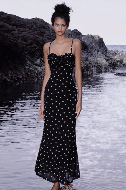 Polka Dot Backless Cami Bodycon Maxi Dress