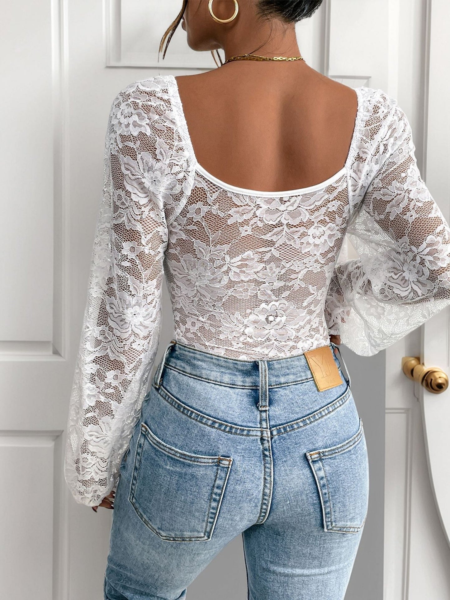 Openwork Lace V-neck Lace Trim Tight-fitting Base Layer Bodysuits