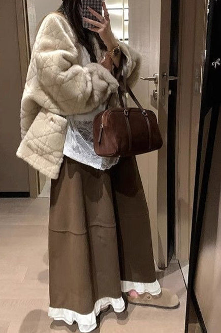 Wool Blend Ruffle High-Waisted Relaxed Skirt