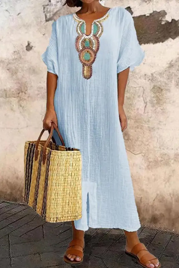 V-neck Casual Loose Retro Ethnic Print Short-sleeved Maxi Dress