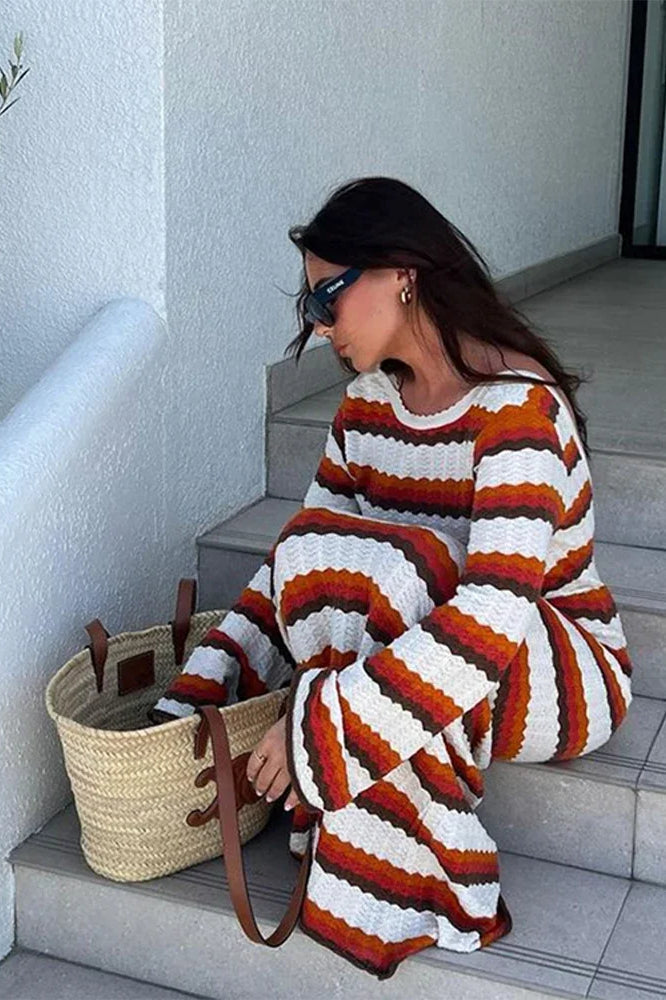 Zigzag Crochet Knit Boat Neck Bell Sleeve Bodycon Maxi Dress