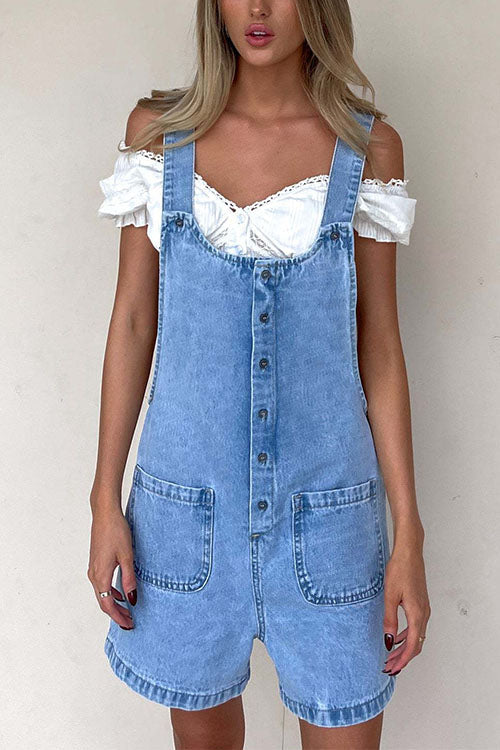 Button Up Pocketed Denim Romper
