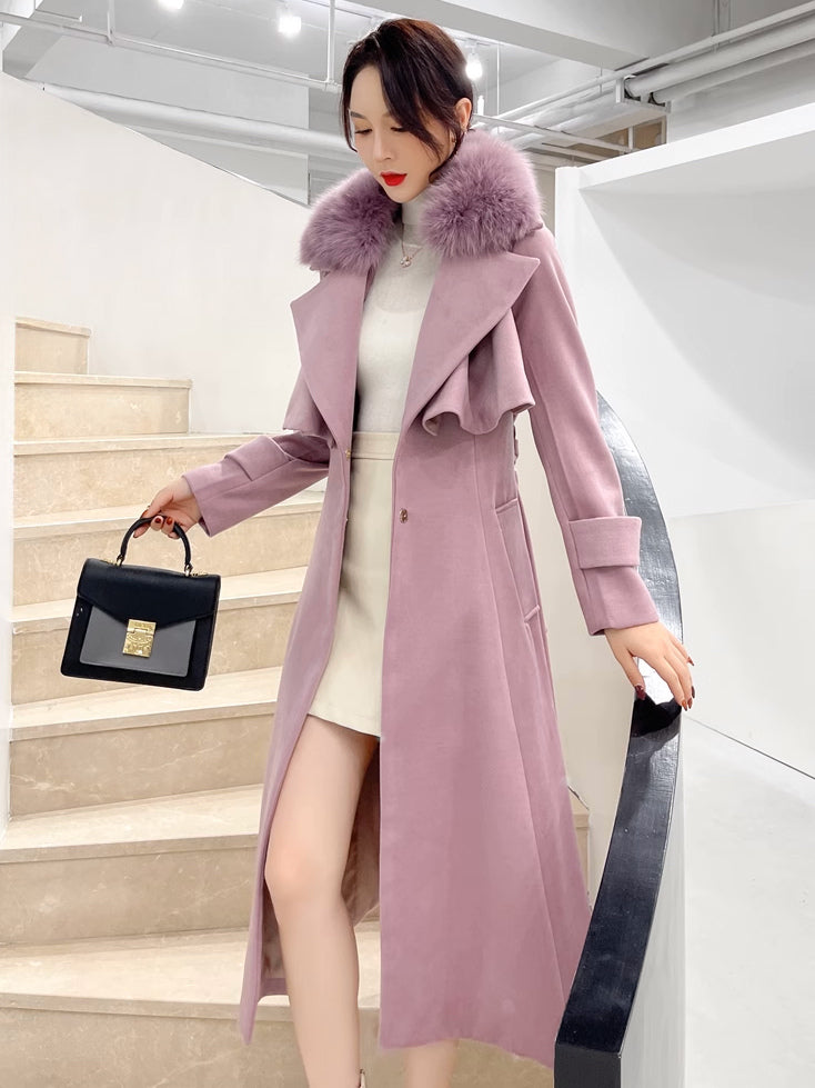 Full Length Flared Woolen Coat White Faux Fur Collar Classic Lapel Belted Slim A-line Winter Maxi Coat 2026