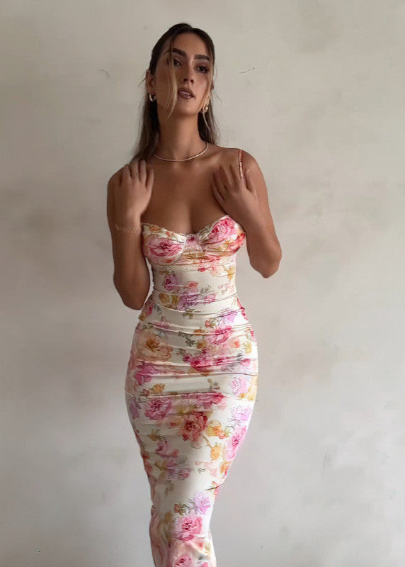 Sunlit Reverie – Floral Satin Bodycon Dress with Bustier Top