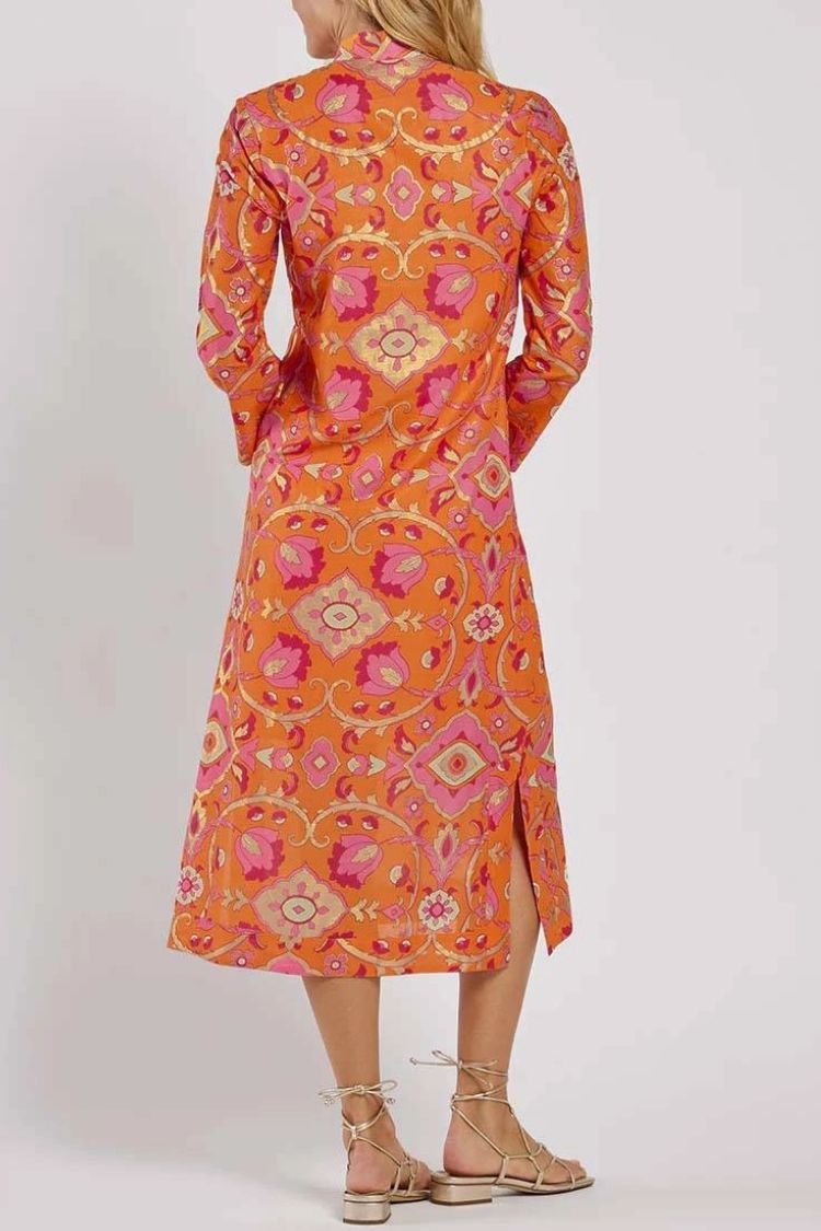 Stand Collar Printed Midi Dress