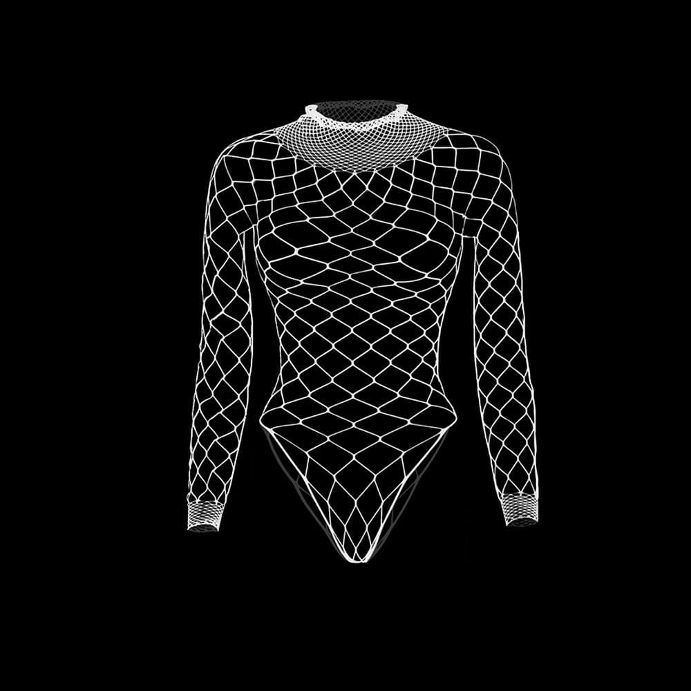Long sleeve high neck fishnet diamond pattern bodysuit