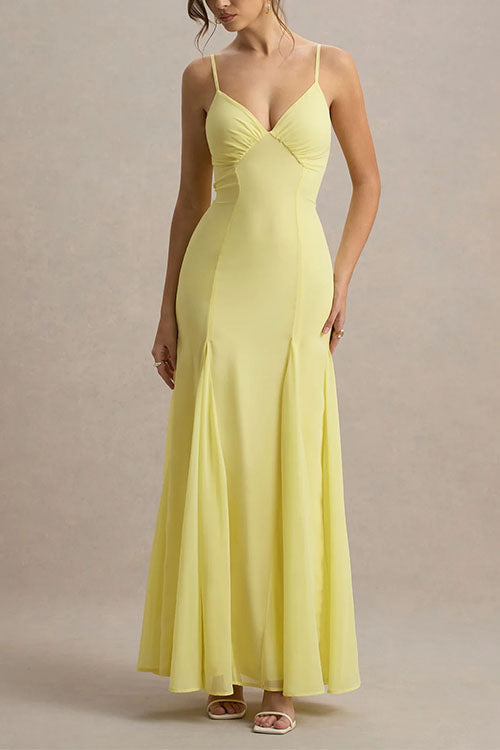 V Neck Adjustable Strap Bodycon Flare Maxi Dress