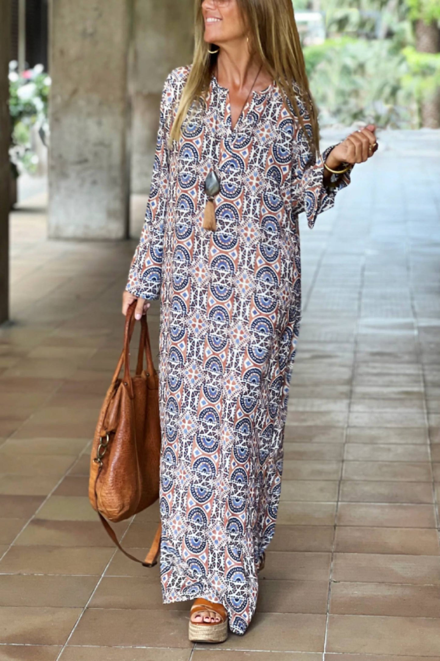 Unique Printed Long Sleeve V-neck Loose Maxi Dress