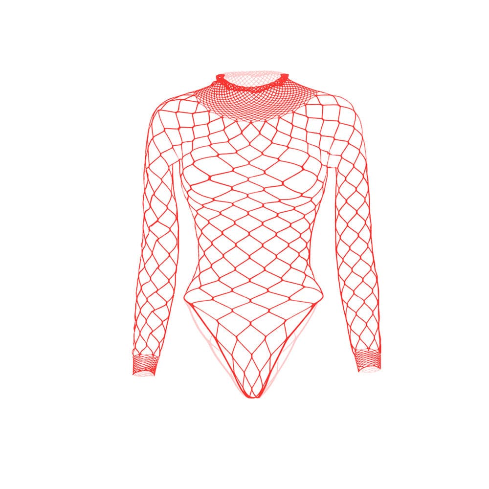 Long sleeve high neck fishnet diamond pattern bodysuit