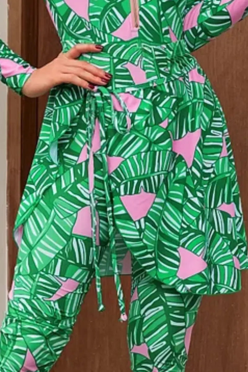 Green Zip Long Sleeve Printed Surf Swimsuit Set