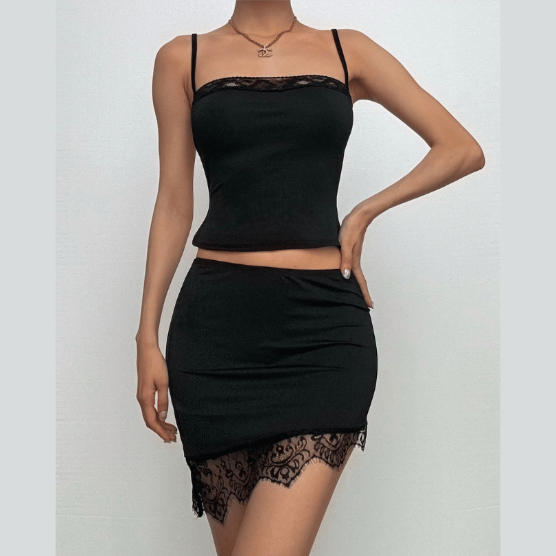 Lace hem backless irregular solid cami mini skirt set