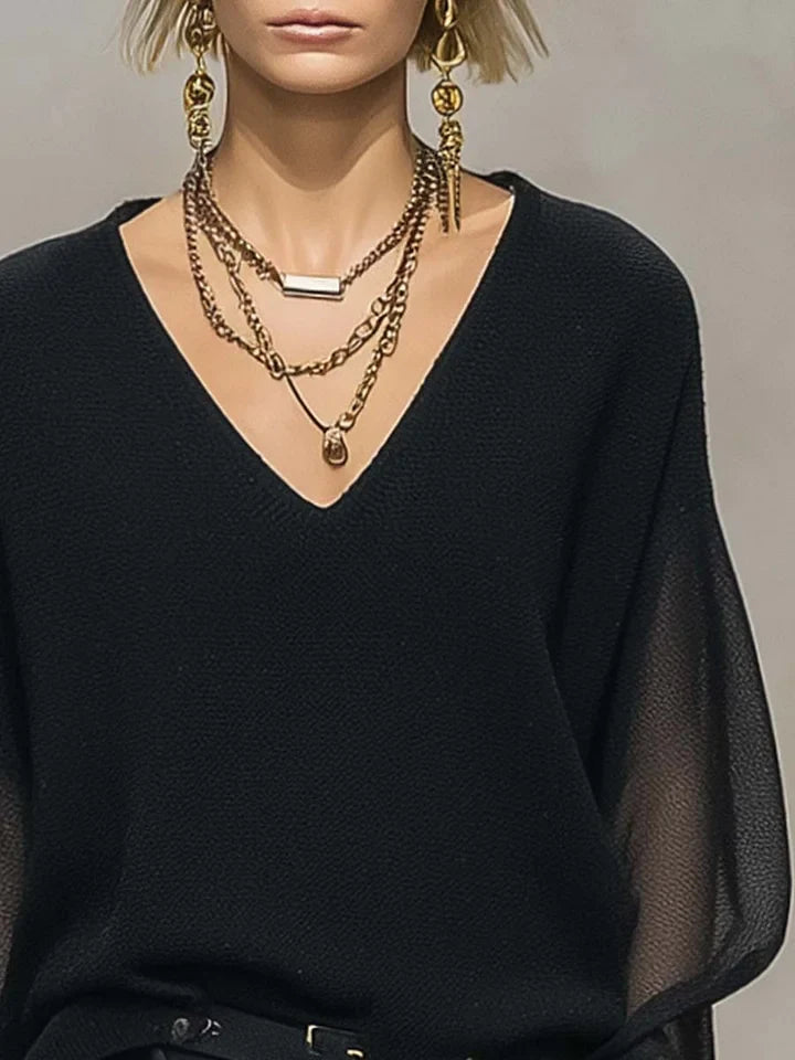 Women's Sheer V-Neck Long Sleeve Black Blouse – Breathable Loose Fit Top