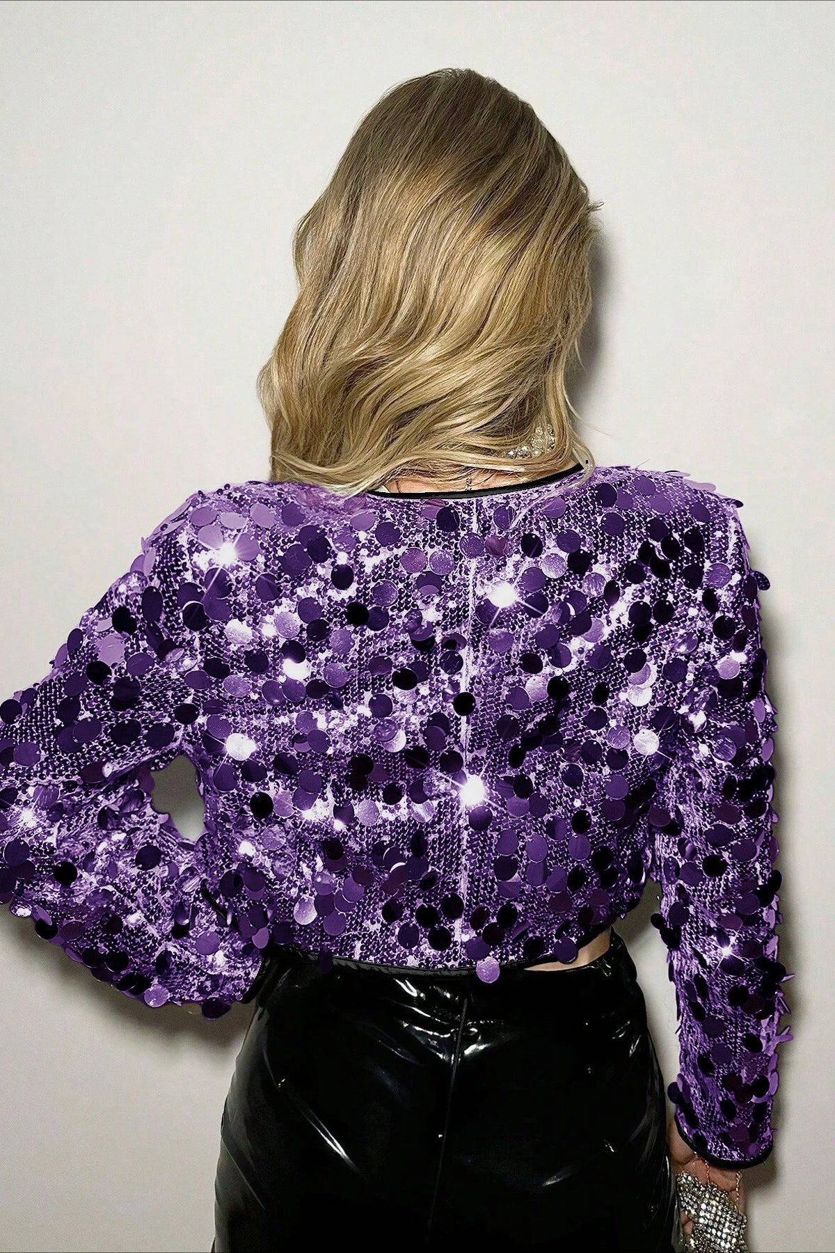 Chic Cropped Metallic Sequin Detail Coat