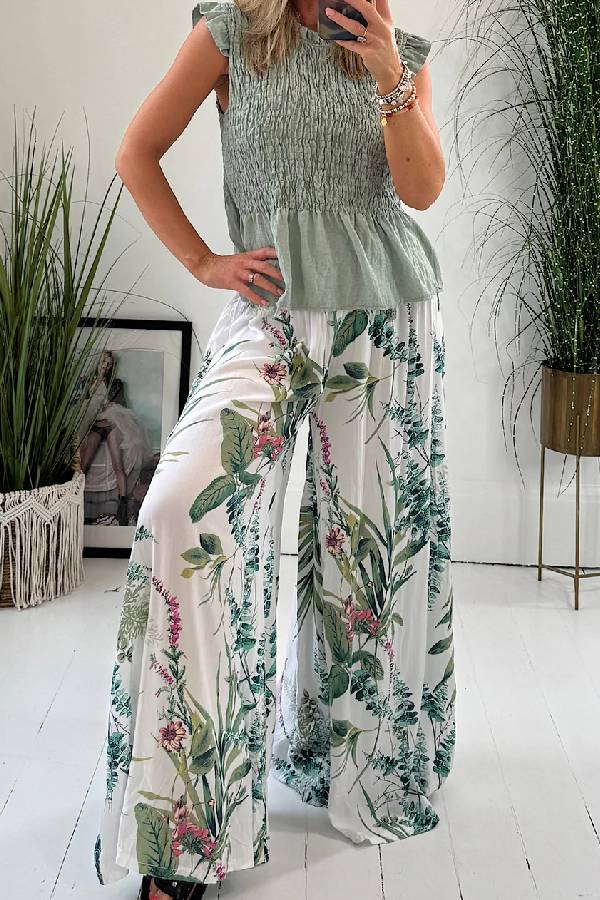 Summer Garden Botanical Print Smocked Waist Wide Leg Palazzo Pants