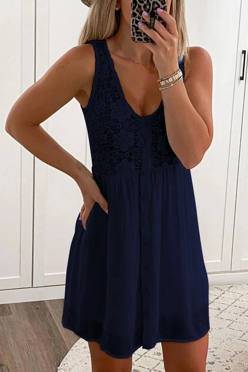 Lace Floral Buttons Swing Tank Dress