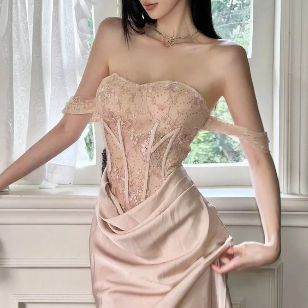 Sweetheart neck off shoulder corset lace maxi dress