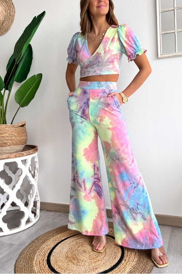 Floral Print V Neck Short Sleeves Crop Top Elastic Waist Wide Leg Pants Set