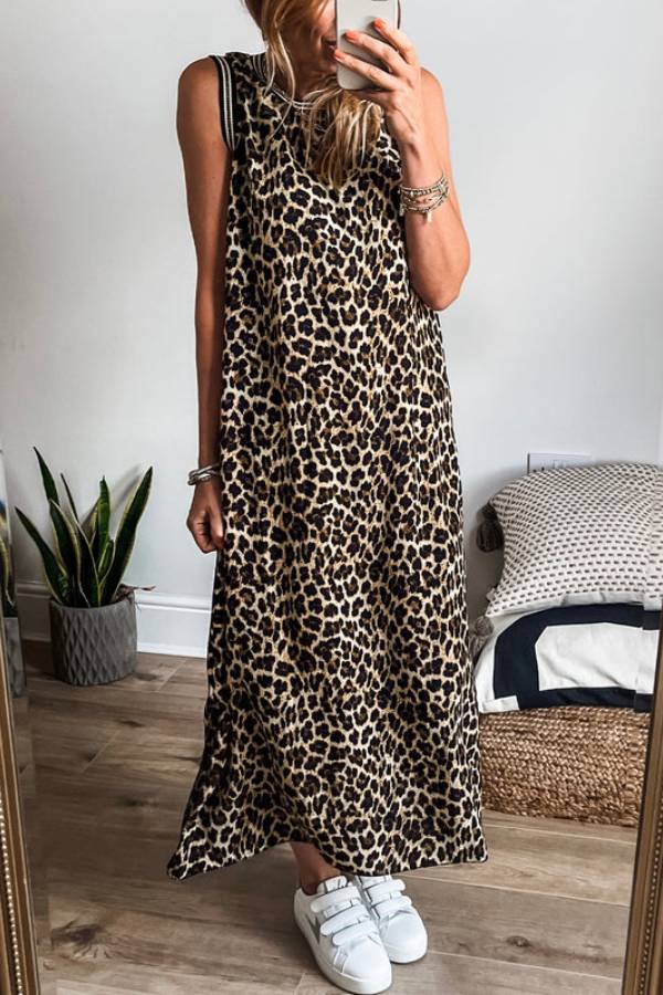 Black Contrast Striped Trim Leopard Sleeveless Midi Dress