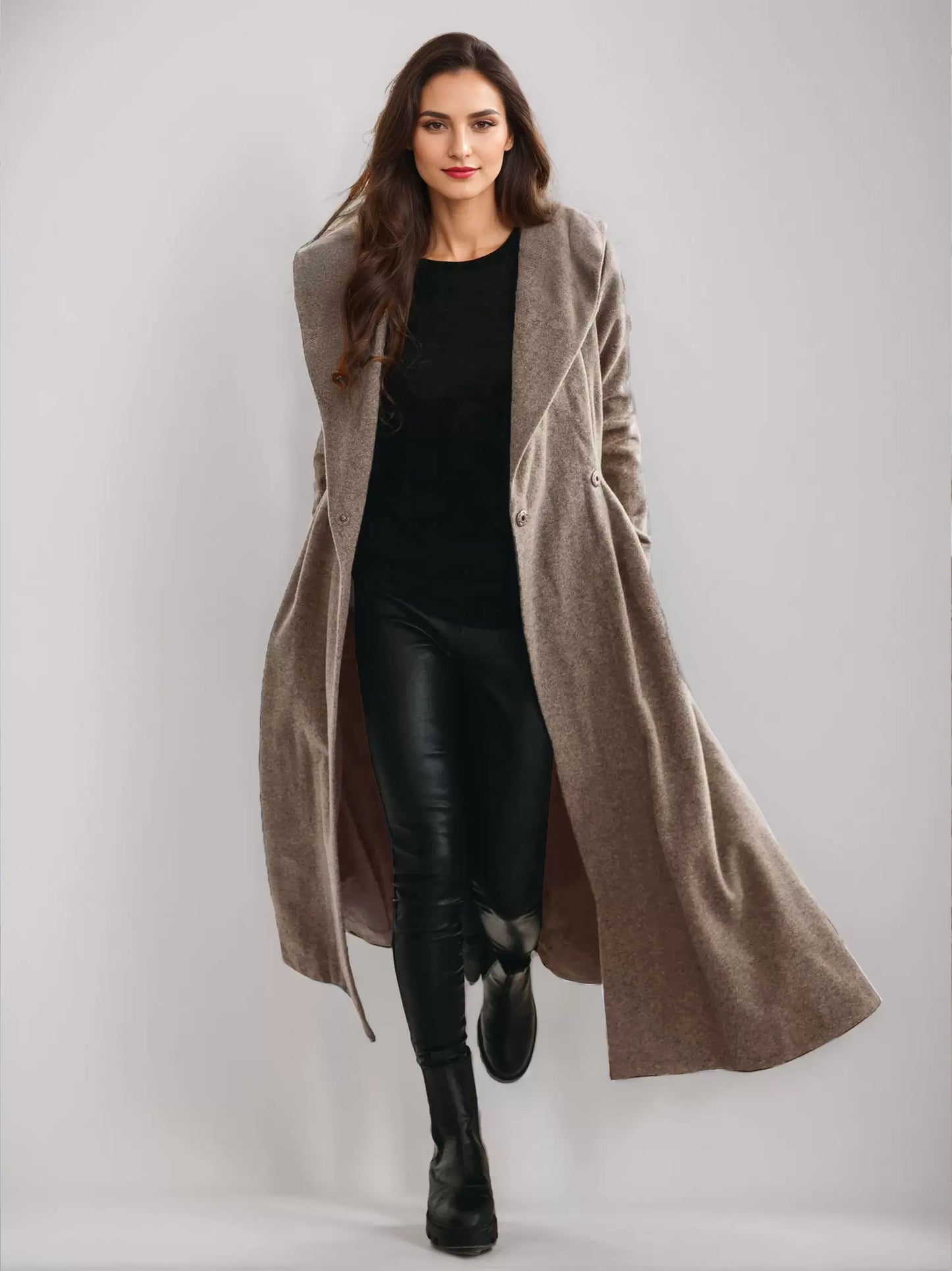 Woolen Flared Coat With Hood Vintage Belted A-line Winter Long Outerwear For Women 2026