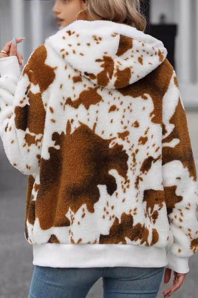 Plush Hooded Fleece Zippered Printed Coat