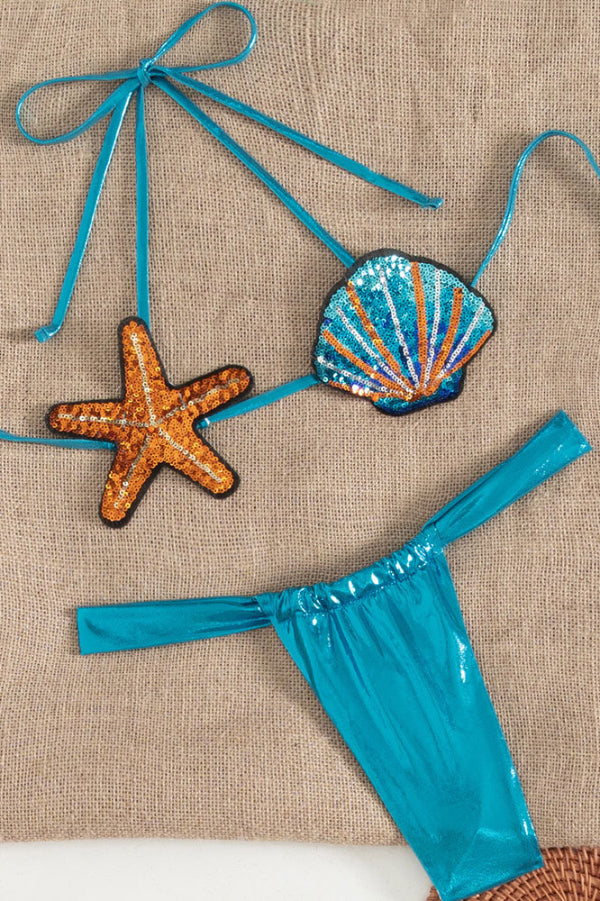 Colorful Sequined Shell Tie Two-piece Stretch Bikini Swimsuit