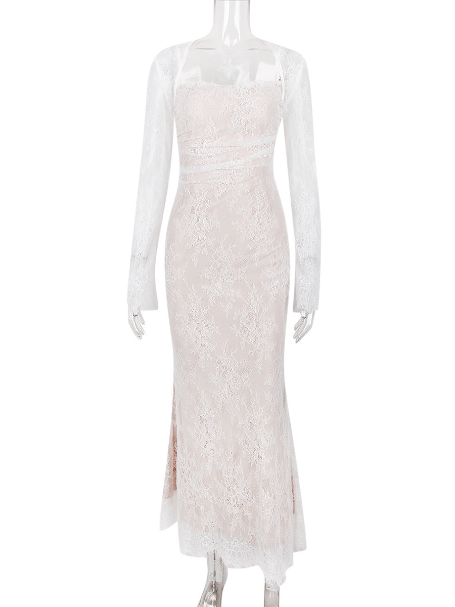 Trumpet Dress Lace-up Cutout Floral Embroidery Long Sleeves Prom Dresses