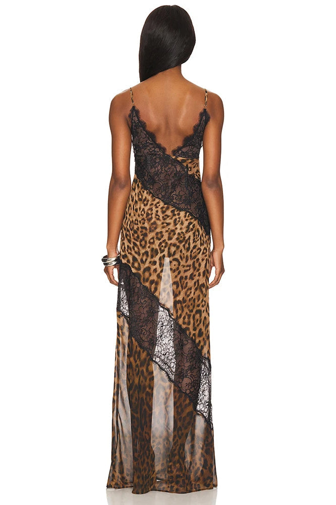 Print Lace Bodice Diagonal Lace Panel V Neck Bodycon Midi Dress