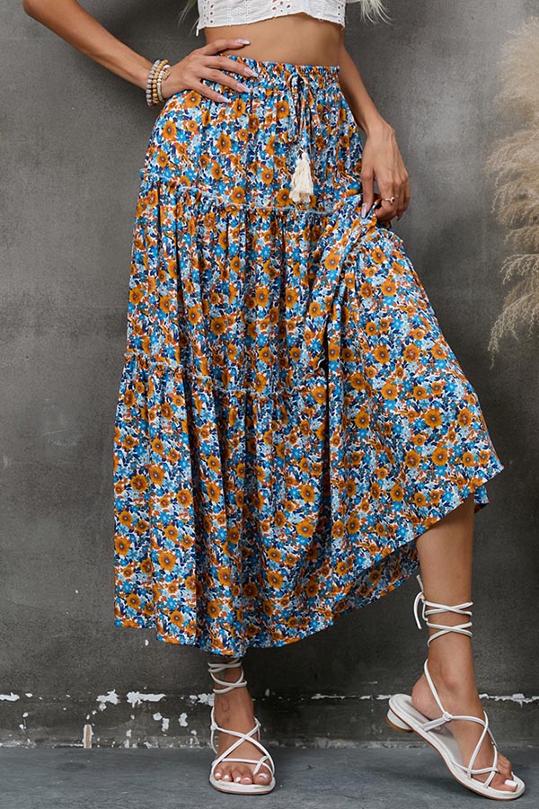 Floral fungus lace stitching layered skirt bohemian tassel seaside holiday beach skirt