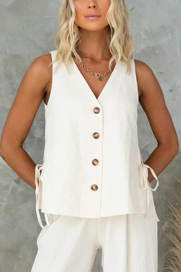 Side Split Button Up Sleeveless Top and Wide Leg Pants Set