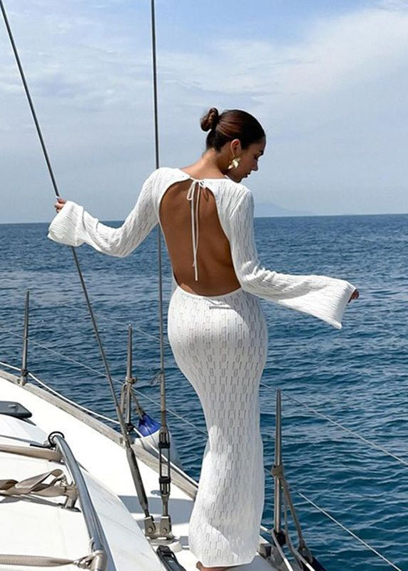 Coastal Allure - Open Back White Knit Maxi Dress