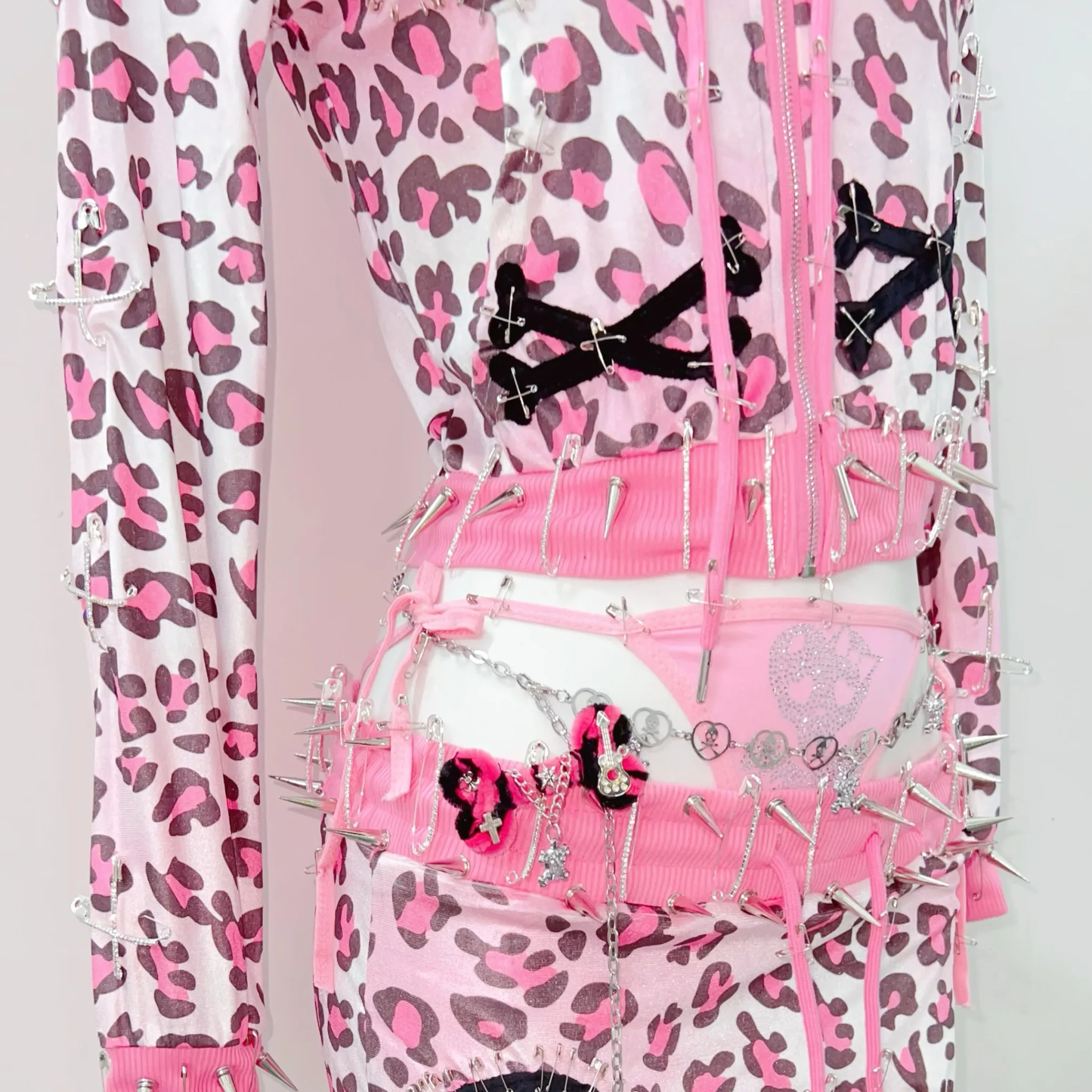 Leopard print long sleeve hoodie rivet 3 piece mini skirt set