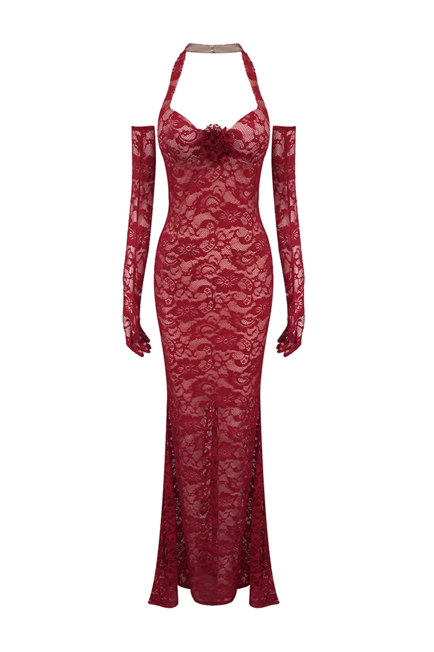 Marjorie Red Rose Lace Halter Maxi Dress
