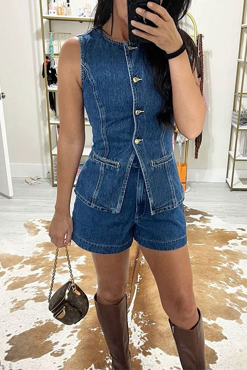 Sleeveless Button Up Top and High Rise Shorts Denim Set