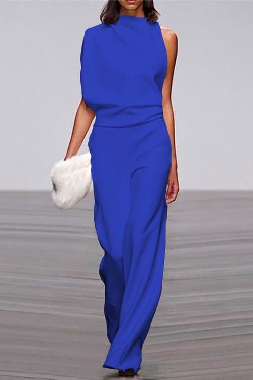 Solid One Shoulder Wide Leg Jumpsuit