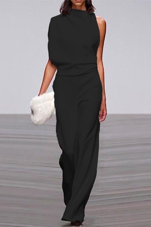 Solid One Shoulder Wide Leg Jumpsuit