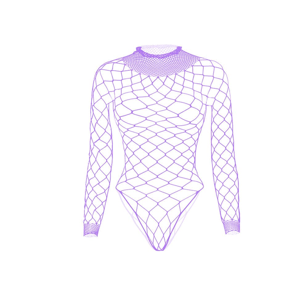 Long sleeve high neck fishnet diamond pattern bodysuit