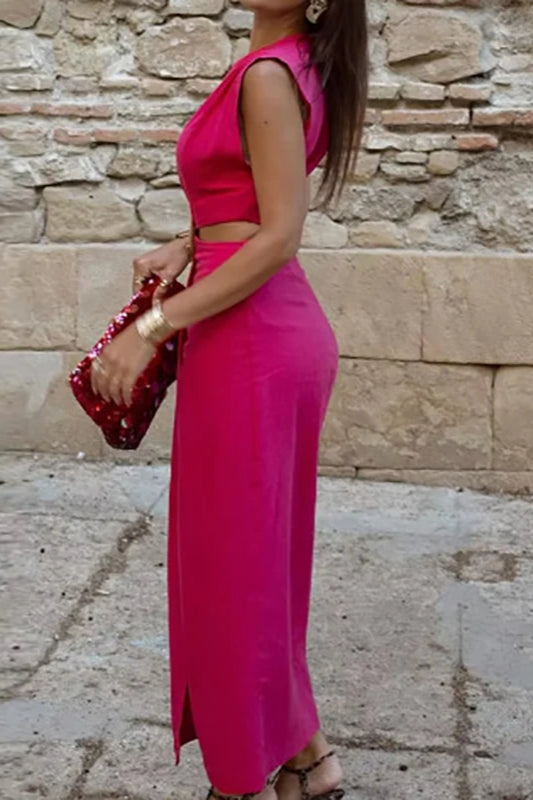 Ring Detail Waist Cutout Split Hem A-Line Midi Dress