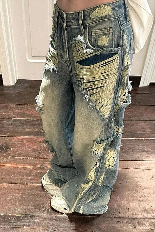 Light Blue Ripped High Waist Wide Leg Denim Jeans