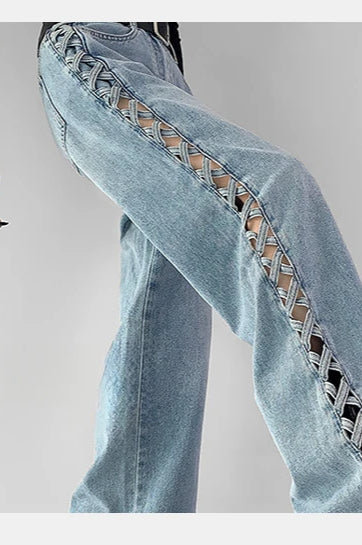 Side Braided Cutout Wide Leg Jeans