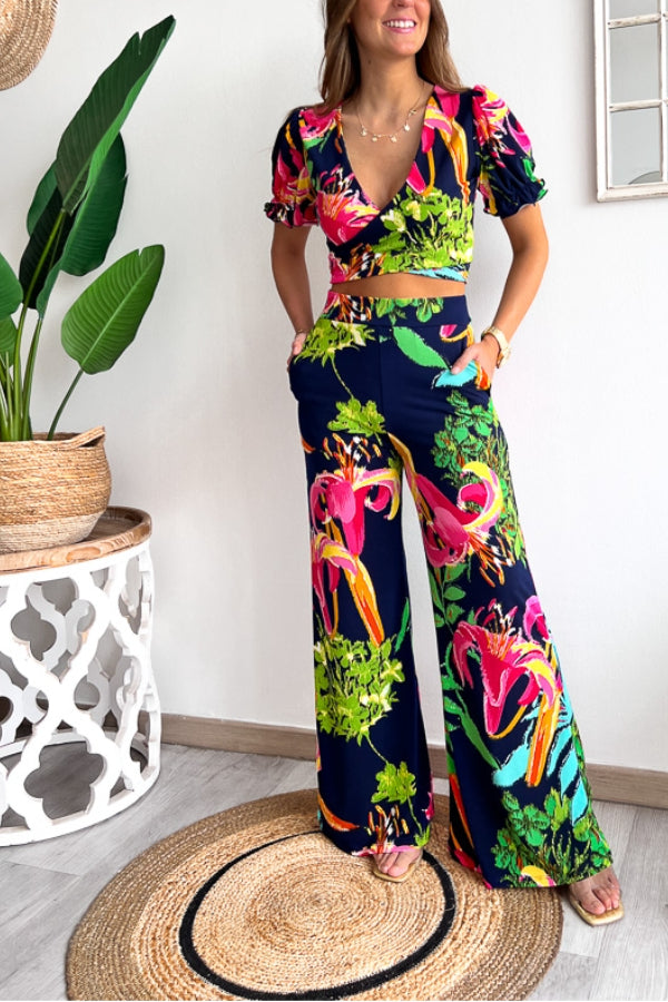 Floral Print V Neck Short Sleeves Crop Top Elastic Waist Wide Leg Pants Set